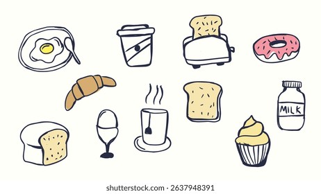 Hand-Drawn Breakfast Foods and Drinks Doodle Illustration