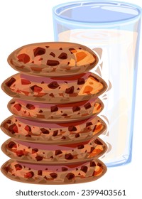 hand-drawn breakfast glass of milk with chocolate chip cookies clipart