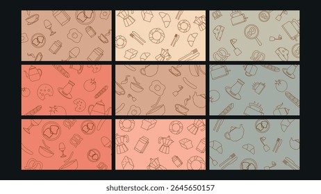 Hand-drawn breakfast icons like coffee cups, toast, eggs, and milk over warm tones. Perfect for cafes, menus, or morning-themed creative projects.