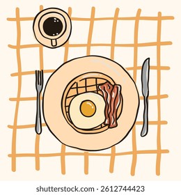 Hand-drawn breakfast illustration: coffee, egg, bacon, and cutlery on a checkered tablecloth. Doodle style.