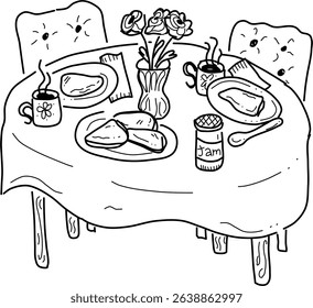 Hand-drawn breakfast for two vector doodle. Breakfast table, scones, jam, flowers, and coffee. A sweet way to start the day. 