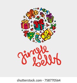 Handdrawn bright circular pattern of doodle elements in the form of gift boxes with a congratulatory christmas inscription. For postcards, congratulations, cover.