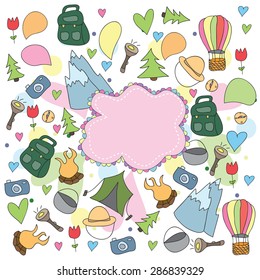 Hand-drawn bright doodle on the camping theme isolated on white background