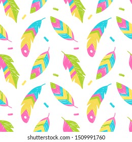 Hand-drawn bright feathers, print for textile, fabric, packaging, background. Vector illustration.