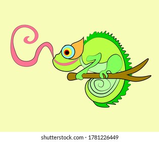 A hand-drawn bright green chameleon with his tongue sticking out against a light yellow background. Vector illustration for textile and packaging design.