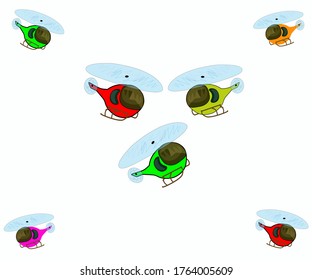 Hand-drawn bright multi-colored helicopters on a white background. Vector background for your packaging and textile design.