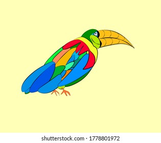 Hand-drawn bright multicolored pelican on a light yellow background. Vector illustration for design of textiles and packaging in the style of bird fauna.