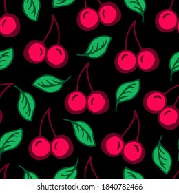 Hand-drawn bright vector seamless pattern. Pink cherries, green leaves on a black background. For prints fabrics, kitchen textiles, clothing. Summer orchard, nature, fruits, berries.