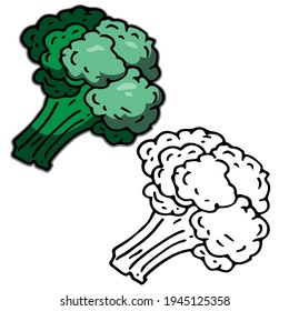 Handdrawn broccoli doodle icon. Hand drawn black and colored sketch. Sign symbol. Decoration element. White background. Isolated. Flat design
