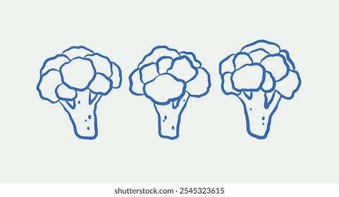Conjunto de ilustrações de brócolis desenhado à mão. Linhagem, tinta, estilo minimalista. Ilustração vetorial.
