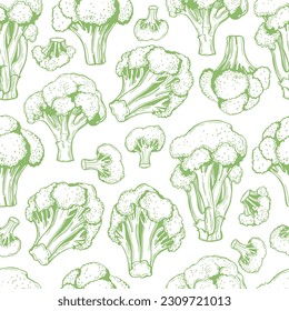 Hand-drawn broccoli on white background. Vector seamless pattern.