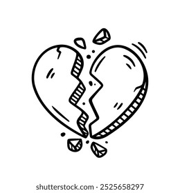 Hand-drawn broken heart doodle in a playful style. Ideal for expressing emotions of heartbreak, sadness, or lost love in creative designs, cards, and social media graphics.