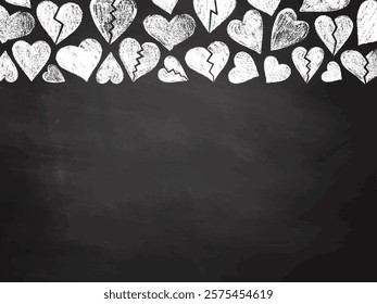 Hand-drawn broken hearts chalk background on blackboard with empty space

