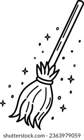 A hand-drawn broom for Halloween. Witch's broom with a long handle, vector illustration, highlighted on a white background. A stick from a witch's broom. This item is an accessory for Halloween