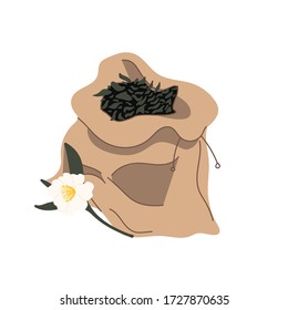 A hand-drawn brown bag with dried green tea. Flowering plant Camellia sinensis. The concept of zero waste. Vector illustration on an isolated white background.