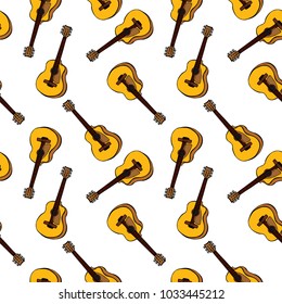 hand-drawn brown classic guitar, seamless pattern isolated on white background
