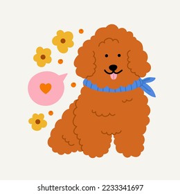 Hand-drawn brown poodle with flowers and berries. Concept of valentine's day, romance, love. Cute domestic pet.