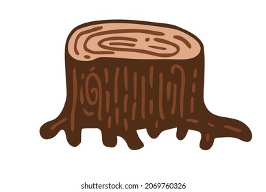 Hand-drawn brown stump. Forest clip-art in flat organic style. Rough bark texture freehand with thick lines. Vector Illustration in limited colors. Element of forest cartoon outdoor background. 