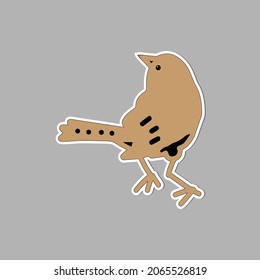Hand-drawn brown vector illustration of one sparrow bird is sitting on a gray background. Sticker