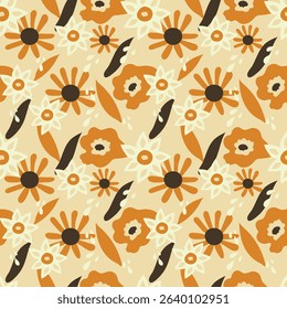 Hand-drawn brown and yellow tone flowers on background. Seamless pattern is floral for clothing, fabric, wallpaper, backdrop, home decoration, cover book, and wall art. Vintage style. 