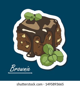 Hand-drawn brownie. Chocolate dessert. Colorfull illustration of dessert.