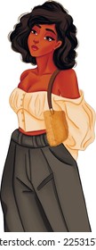 Hand-drawn brunette girl with hair blowing in the wind in a blouse and trousers with a fluffy bag
