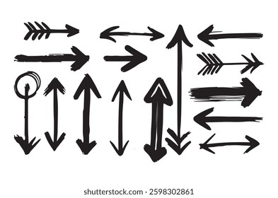 Hand-Drawn Brush Arrows | Grunge Vector Arrow Set | Ink Sketch Direction Symbols