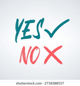 Una Imagen de pincel dibujada a mano con un símbolo de sí verde con una marca de verificación y un símbolo de no rojo con una x sobre un fondo blanco, que representa una decisión o elección.