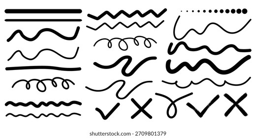 Handgezeichnete Pinselstriche beschneiden Auswahlfelder x Markierungen Doodle-Vektorsatz abstrakte Strich-Tintendesign-Elemente.