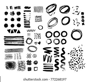 Hand-drawn brush raw textured shapes. Black ink random hand drawn scribbles set isolated on white background. Vector illustration