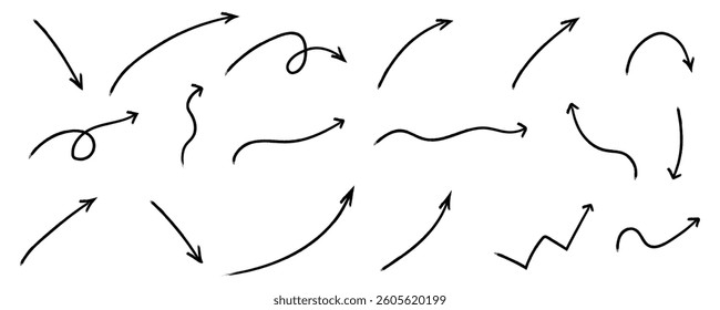 Hand-drawn brush stroke arrow set. Hand-drawn arrows with brush strokes in curly, wavy, curved, and abstract direction arrow collection.