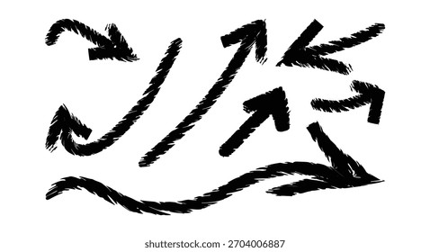 Flechas de trazo de pincel dibujadas a mano con símbolos direccionales texturizados en negrita, estilo de boceto áspero, flechas curvas y rectas para diseño e infografía
