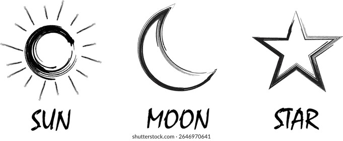 Hand-drawn brush stroke icons of sun, moon, and star, representing celestial elements with a grunge aesthetic, perfect for minimalist designs, spiritual themes, and astrological graphics	