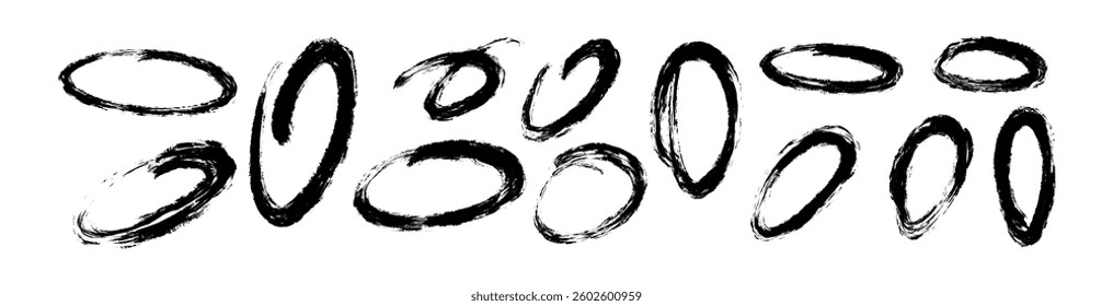 Hand-drawn brush strokes and doodle lines, oval and circular marker highlights, sketchy pen and pencil scribbles for underline or emphasis. Flat vector illustration isolated on white background.