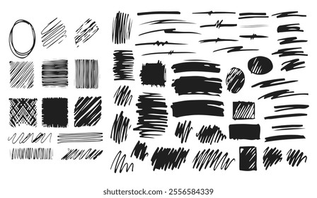 Hand-drawn brush strokes, doodles, and sketch shapes in white on a black background, perfect for abstract design elements, backgrounds, or graphic projects