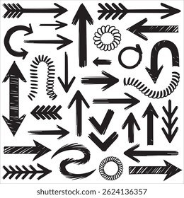 Handgetekende Brush Vector Doodle Set – Krullende pijlen, rommelige harten, Wavy lijnen, Krijt Krabbelelementen op een witte achtergrond