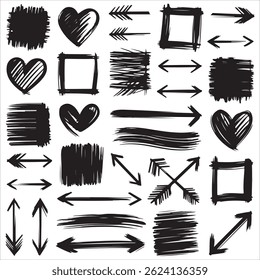 Handgetekende Brush Vector Doodle Set – Krullende pijlen, rommelige harten, Wavy lijnen, Krijt Krabbelelementen op een witte achtergrond