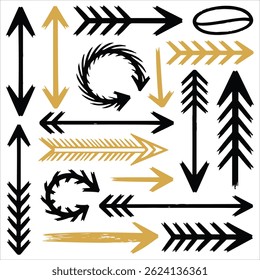 Handgetekende Brush Vector Doodle Set – Krullende pijlen, rommelige harten, Wavy lijnen, Krijt Krabbelelementen op een witte achtergrond