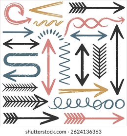 Handgetekende Brush Vector Doodle Set – Krullende pijlen, rommelige harten, Wavy lijnen, Krijt Krabbelelementen op een witte achtergrond