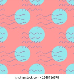 Handdrawn brush wave stroke and circle seamless pattern. Memphis style pattern. Abstract background. Pink and blue color.