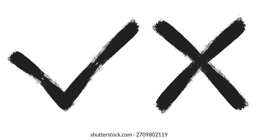 Conjunto de iconos de pincelada y cruz dibujados a mano con estilo texturizado que representa la Aprobación y la negación.