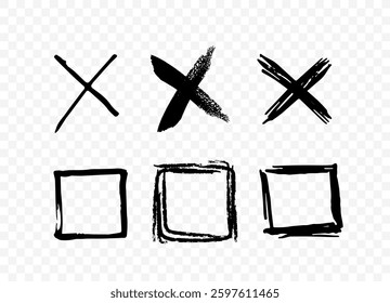 Hand-drawn brushstroke X and square symbols in various styles, arranged in two rows on a transparent background. Concept of selection, rejection, and marking. Vector illustration