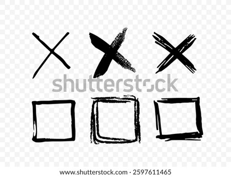 Hand-drawn brushstroke X and square symbols in various styles, arranged in two rows on a transparent background. Concept of selection, rejection, and marking. Vector illustration