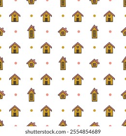 Hand-drawn buildings and gingerbread houses, polka dot pattern on isolated background