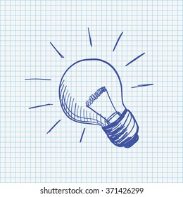 Handdrawn bulb on the checked paper. Eps 10 vector file.