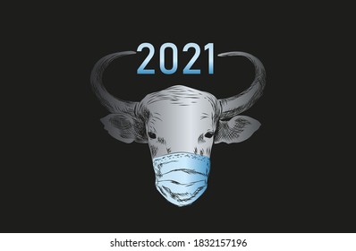Hand-drawn bull head wearing a medical mask from COVID-19 symbol of New Year 2021