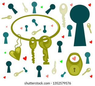 A hand-drawn bunch of metal keys and a heart of chaotically located keys and keyholes with hearts against a white background