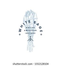 Hand-drawn bunch of white sage. Logo template, emblem for your design. Ancient incense of Indians of America for meditation and spirituality sessions. Vintage vector illustration.