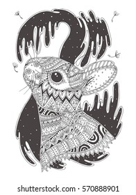 Hand-drawn bunny with ethnic floral doodle pattern. Coloring page - zendala, design for spiritual relaxation for adults, vector illustration, isolated on a white background. Zen doodles.