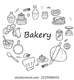 Hand-drawn buns, baking bakery elements, delicious pies and cakes arranged in a circle, a simple sketch in the style of doodles. Flat vector illustration.